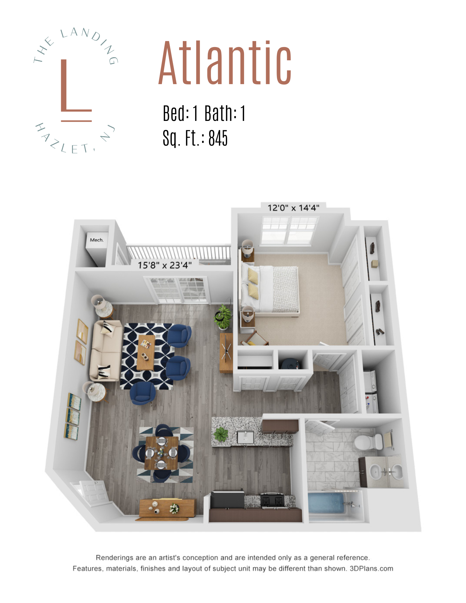 Floor plan for 1 bed, 1 bath, 845 sqft